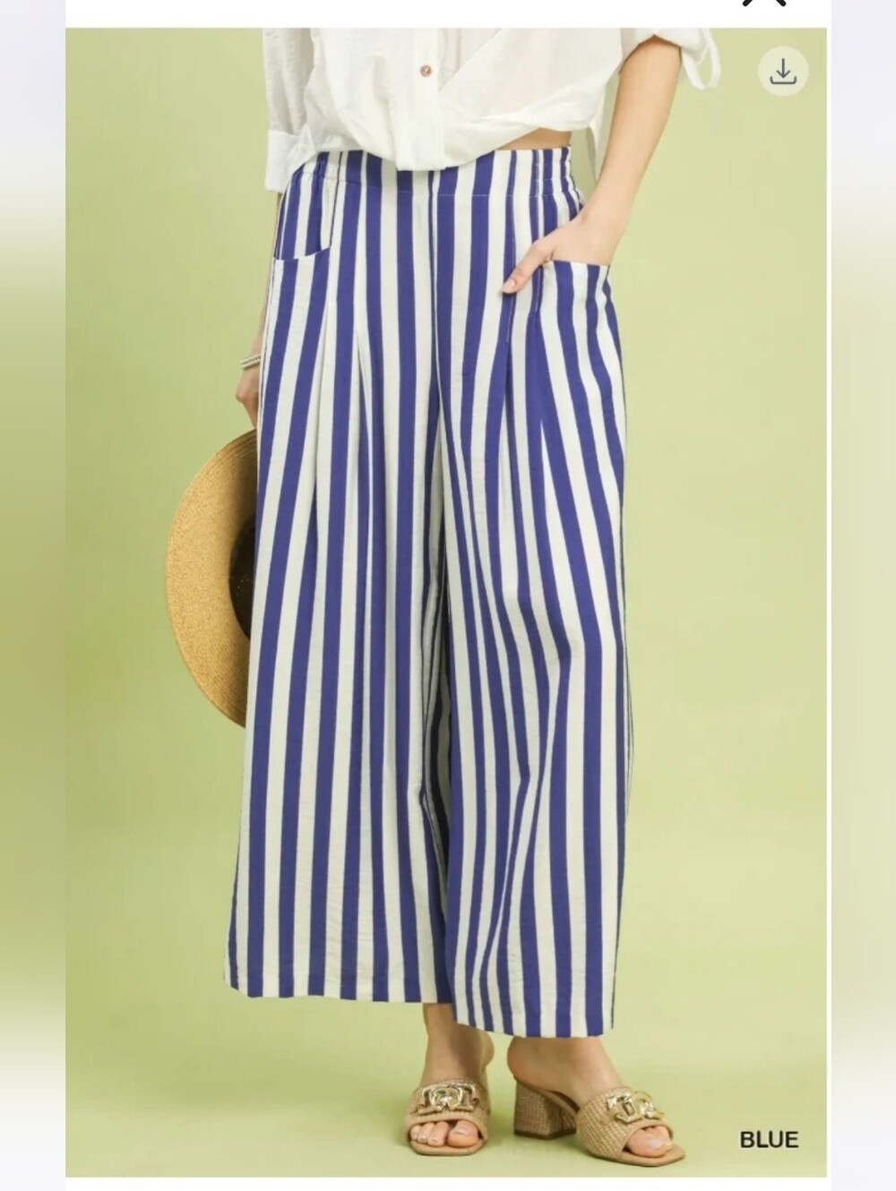 JMGEE W STRIPE PLEATED WIDE LEG PANTS BLUE